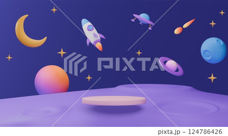 3d kid background. Galaxy space podium, rocket planet and toy spaceship as star children products promo presentation, birthday room. Cute cartoon childish banner backdrop. Vector showcase 124786426