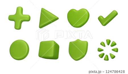 Plus 3D icon. Render cross or round shape. Pharmacy button. Glossy plastic math elements. Shield protection and support heart. Geometric cube. Loading circle. Vector green symbols set 124786428