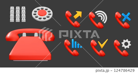 3D telephone. Retro phone number button. New simple wire bell for office. Telephone contact. Modern internet. Mobile alert. Outgoing icon. Reject call. Vector render cellphone symbols set 124786429