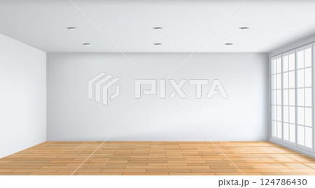 Wood floor. Empty room with white walls. 3D apartment interior. Wooden parquet. Realistic house. Light from home window. Modern architecture design. Office furnishing. Vector background 124786430