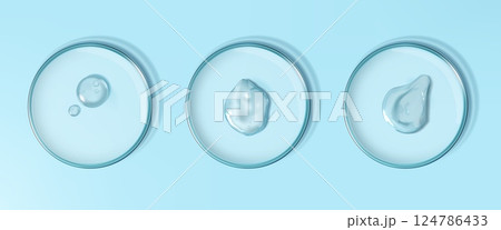 Cosmetic gel. Aloe serum. Transparent cosmetic smear or liquid shampoo in laboratory glass plate. Chemical analysis. Moisturizer swatch. Petri dish. Lab glassware. Vector 3D objects set 124786433