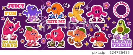 Fruit stickers. Retro cartoon characters. Comic orange and lemon. Food label. Vintage groove peach and raspberry. Grocery labels. Walking fresh avocado. Cherry badge. Vector mascots set 124786452