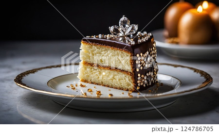 Elegant Slice of Chocolate Cake with Decor 124786705
