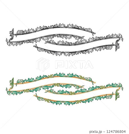 Hand drawn horizontal banners set with retro style ribbons decoration elements isolated vector illustration 124786804