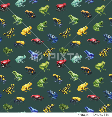 colorful watercolor seamless pattern with different tropical frogs on green background for wildlife and nature design colorful watercolor seamless pattern with different tropical frogs on green background for wildlife and nature design 124787110