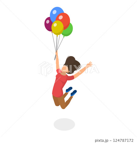 3D Isometric Flat Vector Illustration of Soaring in the Sky, Happy Children Flying High with Bright Balloons. Item 5 124787172