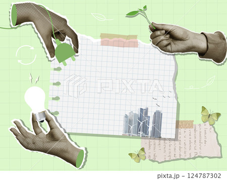 Hands Offering Growth in a Green Collage for Sustainable Design, vector illustration 124787302