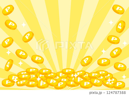 ポイントコインが降る山積みイラスト放射線背景1 124787388