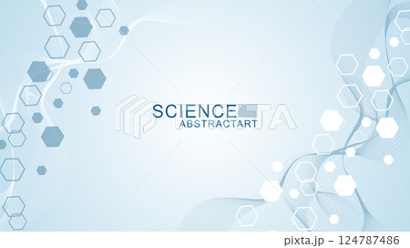 Modern scientific background with hexagons, lines and dots. Wave flow abstract background. Molecular structure for medical, technology, chemistry, science. Vector illustration 124787486