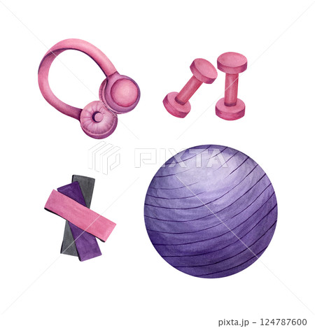 Set fit ball, elastic bands, dumbbells, pink headphones. Sport equipment watercolor illustration isolated on white to create compositions on sports concept, print product, certificates, business card 124787600
