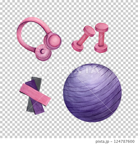 Set fit ball, elastic bands, dumbbells, pink headphones. Sport equipment watercolor illustration isolated on white to create compositions on sports concept, print product, certificates, business card Set fit ball, elastic bands, dumbbells, pink headphones. Sport equipment watercolor illustration isolated on white to create compositions on sports concept, print product, certificates, business card 124787600