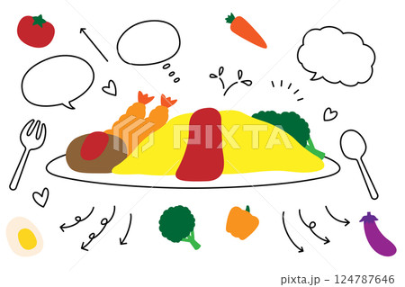 かわいい オムライス キッズメニュー ハンバーグ 吹き出し 矢印 セット かわいい オムライス キッズメニュー ハンバーグ 吹き出し 矢印 セット 124787646