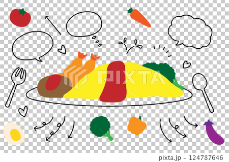 かわいい オムライス キッズメニュー ハンバーグ 吹き出し 矢印 セット かわいい オムライス キッズメニュー ハンバーグ 吹き出し 矢印 セット 124787646