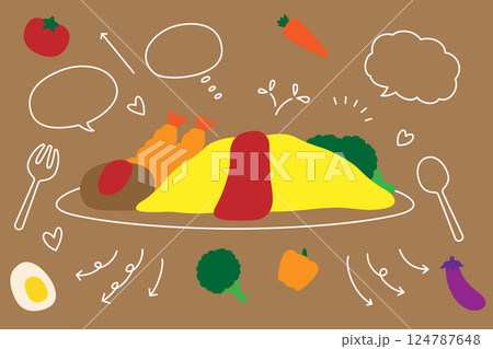 かわいい オムライス キッズメニュー ハンバーグ 吹き出し 矢印 セット 124787648