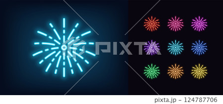 Outline neon firework icon set. Glowing neon firework explosion icon, festive salute. Firework burst with sparkles, pyrotechnics show, celebrate holiday event, flash light festival. Vector icons set 124787706