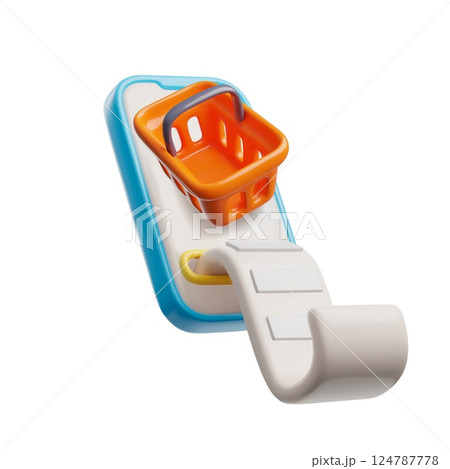3d vector illustration of smartphone with blank screen, flying out shopping cart and receipt. 124787778