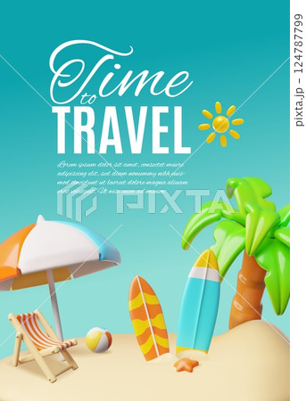 Time to travel 3D plastic style vector poster design, beach chair, umbrella and ball, surfboards on sand with palm tree 124787799