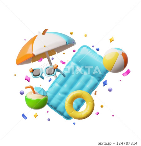 Summer travel, beach and pool 3D design with confetti, umbrella, coconut cocktail, sunglasses, inflatable mattress 124787814