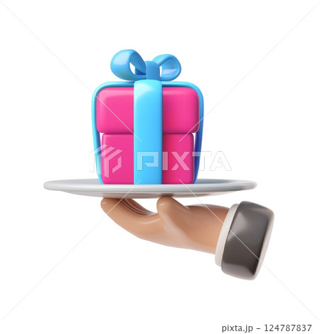 Waiter tray platter holding by hand with gift box 3D vector, restaurant surprise service, festive present box delivery 124787837