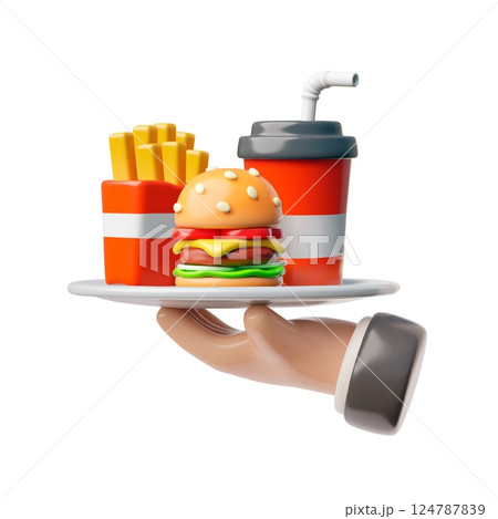 Waiter tray platter with fast food holding by hand 3D cartoon icon, vector tray with hamburger, French fries and soda 124787839