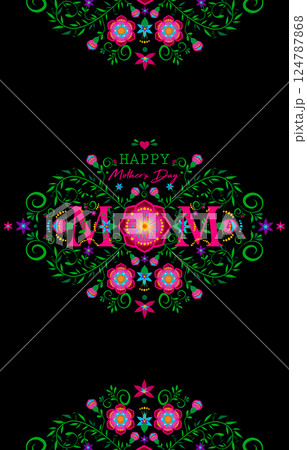 Mother's day hand drawn flowers, best mom text concept, floral poster, banner or greeting card in colorful Mexican style, vector illustration frame border isolated on black background, copy space 124787868