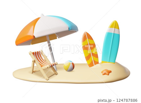 3D beach with surfboards, umbrellas, lounge chair and ball. 124787886