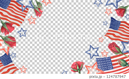 Watercolor red roses, American flags, blue red stars horizontal frame with empty space for text. United State Memorial day or Independence day illustration isolated background. For patriotic design. 124787947