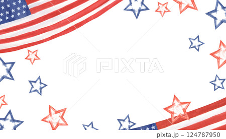 American flag and stars horizontal frame with empty space for text. Watercolor national patriotic symbols rectangle border isolated background. American Independence Day, Columbus Day greeting cards. 124787950