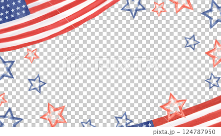 American flag and stars horizontal frame with empty space for text. Watercolor national patriotic symbols rectangle border isolated background. American Independence Day, Columbus Day greeting cards. 124787950