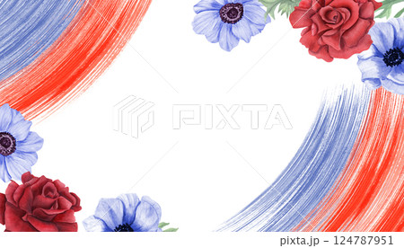 Remembrance Day floral frame in red blue colors. Roses and anemones with colored abstract brush strokes. Memorial day, Independence day. Watercolor illustration isolated background. with empty space. Remembrance Day floral frame in red blue colors. Roses and anemones with colored abstract brush strokes. Memorial day, Independence day. Watercolor illustration isolated background. with empty space. 124787951