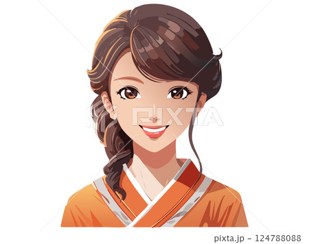 笑顔で正面を向く美しい日本人女性の上半身イラスト 124788088
