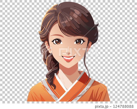 笑顔で正面を向く美しい日本人女性の上半身イラスト 124788088