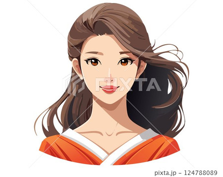 正面を向く美しい日本人女性の上半身イラスト 124788089