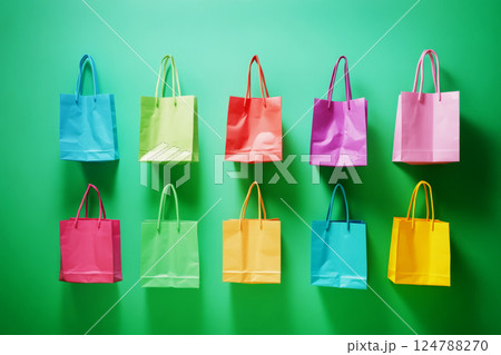 A collection of bright, colorful shopping bags arranged against a green background, offering a clean, modern design ideal for retail promotions or fashion advertising materials 124788270