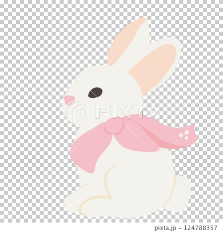 a bunny rabbit with a pink ribbon bow Hand drawn illustration Easter Clipart element Invitations, gifts, greeting cards, print, textile 124788357