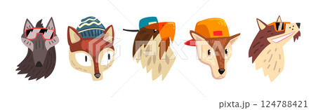 Cute Animal Heads Wearing Stylish Headgears and Sunglasses Vector Set 124788421