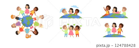 Multicultural Little Kids with Earth Globe Together Vector Set Multicultural Little Kids with Earth Globe Together Vector Set 124788428