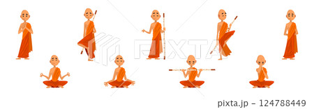 Buddhist Monk in Orange Robe with Stick in Different Poses Vector Set 124788449