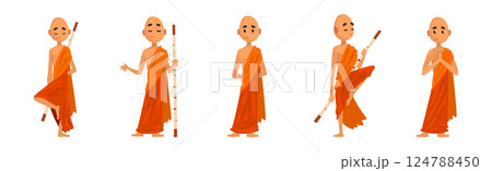 Buddhist Monk in Orange Robe with Stick in Different Poses Vector Set Buddhist Monk in Orange Robe with Stick in Different Poses Vector Set 124788450