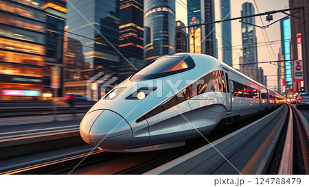 A white sleek high-speed train glides through a vibrant, illuminated cityscape at night, radiating modernity. A white sleek high-speed train glides through a vibrant, illuminated cityscape at night, radiating modernity. 124788479