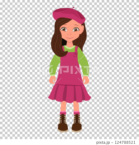 Flat  Illustration of Kid Girl in Red Dress and Beret. Item 4 124788521