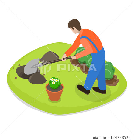 3D Isometric Flat  Set of Garden Tools And People. Item 3 124788529