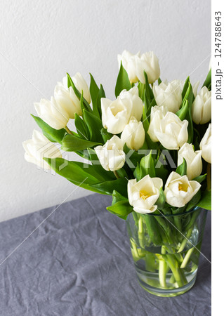 Elegant white tulips in a minimalist vase, placed in a modern living room setting, bringing freshness and tranquility to the spring-inspired interior decor Elegant white tulips in a minimalist vase, placed in a modern living room setting, bringing freshness and tranquility to the spring-inspired interior decor 124788643