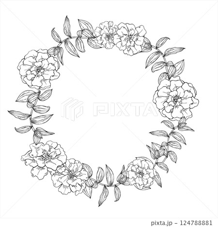 Monochrome vector marigold flowers with tradescantia leaves wreath in linear black ink style. Blooming flowers round frame with copy space for text. For mom day greeting card, dia de Muertos poster. Monochrome vector marigold flowers with tradescantia leaves wreath in linear black ink style. Blooming flowers round frame with copy space for text. For mom day greeting card, dia de Muertos poster. 124788881