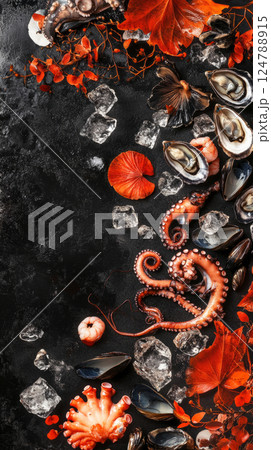 Elegant display of oysters, langoustines, and dorado on a dark backdrop, surrounded by ice, showcasing the vibrant colors and intricate textures of the fresh seafood 124788915