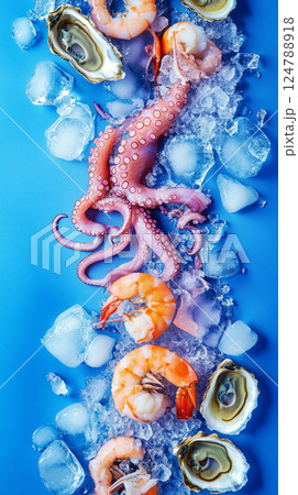 A fresh arrangement of octopus, shrimp, and oysters on a blue background with ice, showcasing their delicate textures and colors, perfect for high-end seafood promotions 124788918