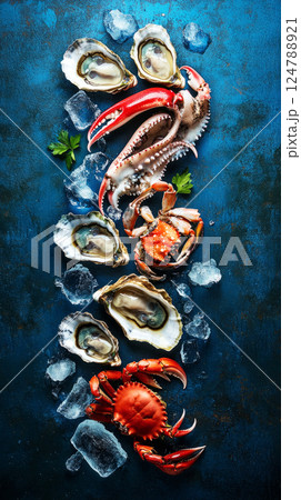 A striking arrangement of oysters, crab, and squid on a dark blue backdrop, with scattered ice pieces to emphasize freshness, illuminated by soft lighting for an elegant presentation A striking arrangement of oysters, crab, and squid on a dark blue backdrop, with scattered ice pieces to emphasize freshness, illuminated by soft lighting for an elegant presentation 124788921