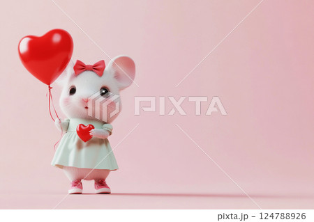 This adorable baby girl hamster, with a bow-knot on her head, wears a cute dress and sneakers while holding a red heart-shaped balloon, radiating joy and playfulness 124788926