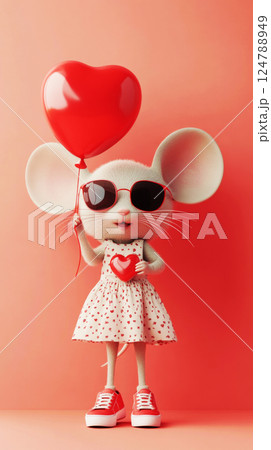 This playful girl mouse, dressed in a fun outfit with sunglasses, holds a heart-shaped balloon, creating a joyful and cheerful scene for a kids story This playful girl mouse, dressed in a fun outfit with sunglasses, holds a heart-shaped balloon, creating a joyful and cheerful scene for a kids story 124788949