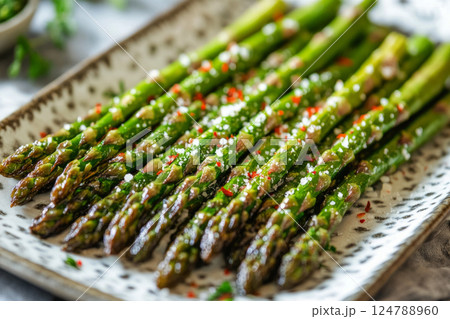 A plate of grilled asparagus with chili flakes and Parmesan, creating a bold and crispy flavor. Fresh, healthy, and perfect for a light side dish or snack, adding taste and crunch A plate of grilled asparagus with chili flakes and Parmesan, creating a bold and crispy flavor. Fresh, healthy, and perfect for a light side dish or snack, adding taste and crunch 124788960